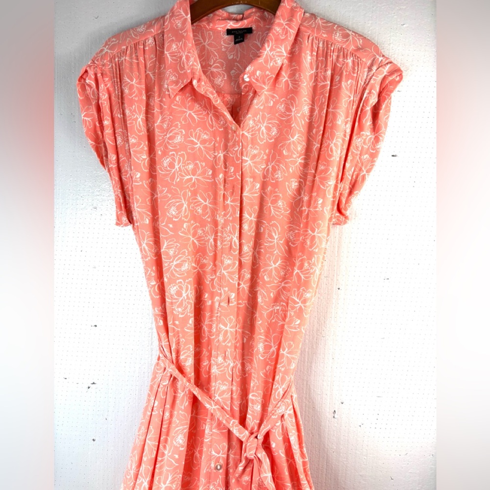 Ann Taylor Factory 16 Bright Peach Floral Sketch Belted Button Down Midi Dress - Picture 3 of 9